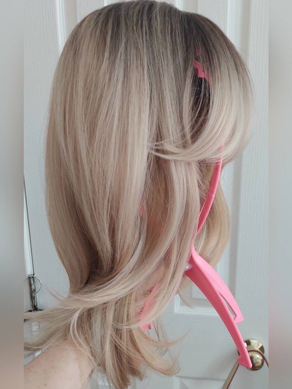 Rooted Blonde Layered Wig With Bang Cut Out.